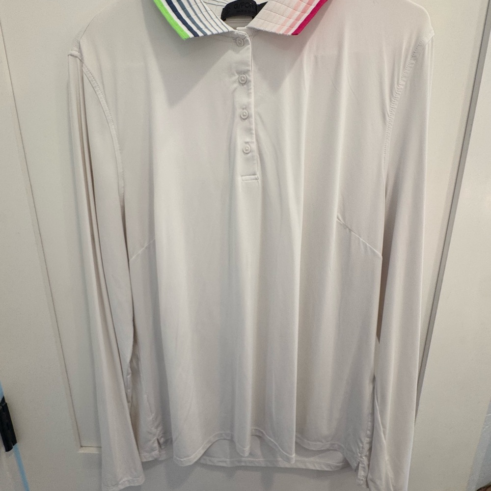 G/FORE White Long Sleeve Polo with Multicolor Collar